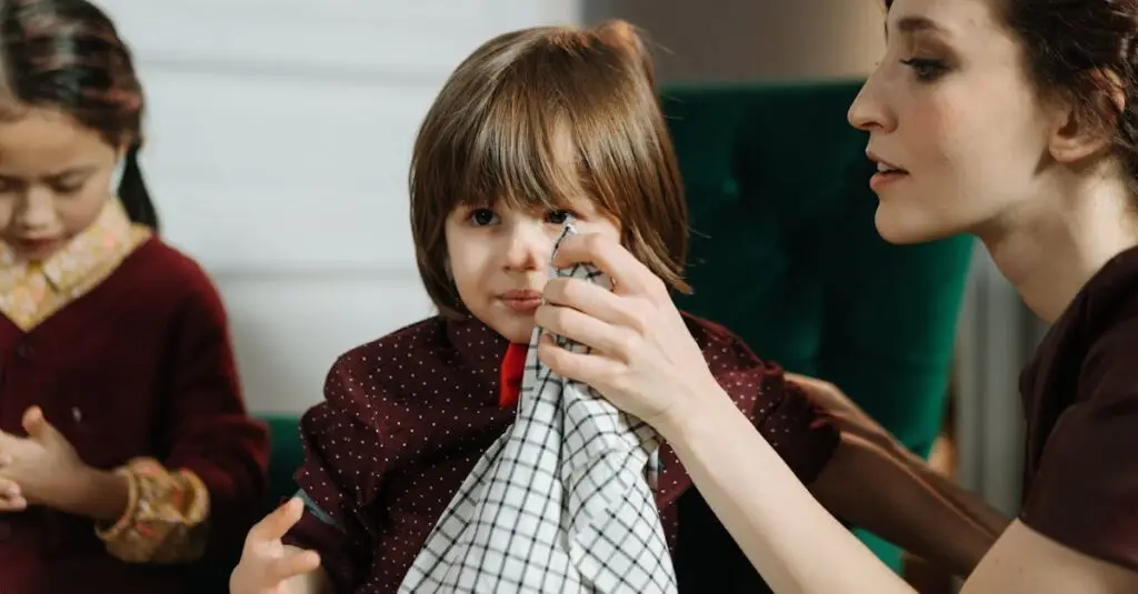pexels-photo-6974489-6974489 Woman assisting a child with a napkin during a meal indoors, highlighting care and family bonding.